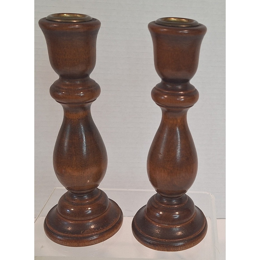 Vintage Turned Wood Candlestick Holders Pair Dark Brown Brass Inset 6.75 Inch - Picture 4 of 8